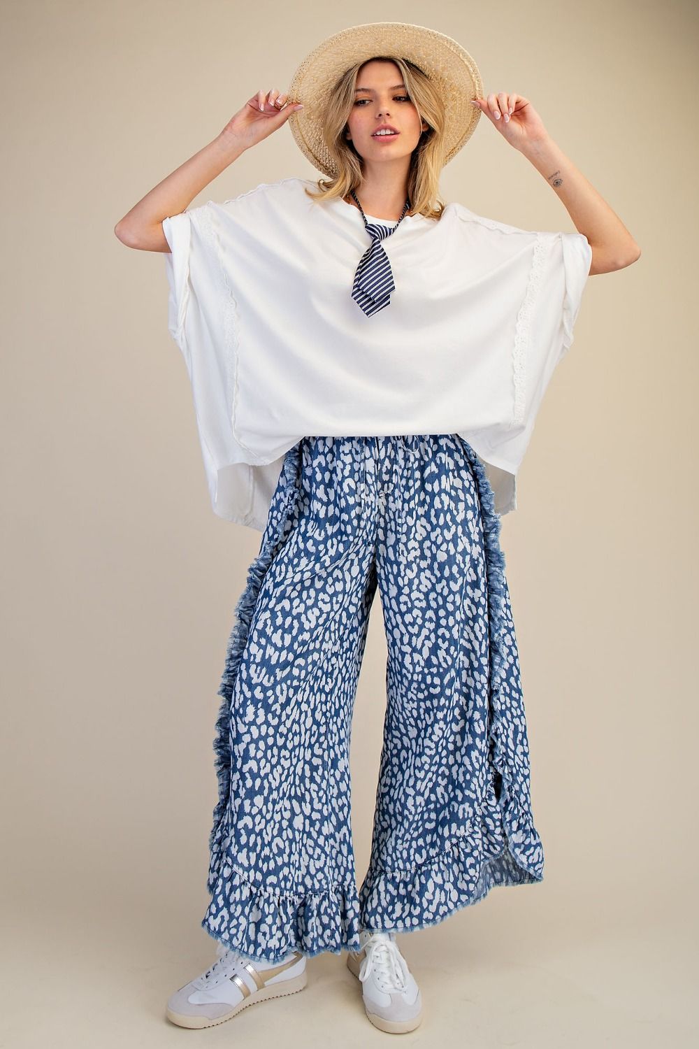 Easel Animal Print Pants with Frayed Details in Washed Denim