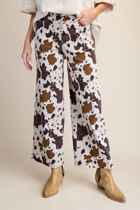 Easel Cow Print Twill Pants in Mushroom