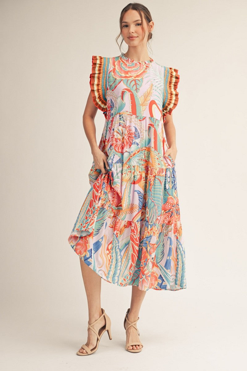 Jodifl Boho Tropical Print Midi Dress in Turquoise Mix