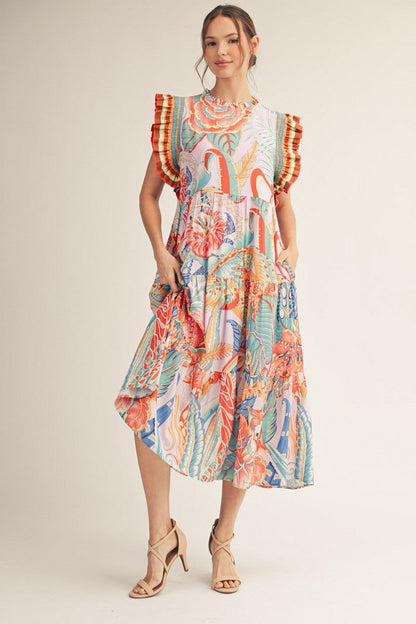 Jodifl Boho Tropical Print Midi Dress in Turquoise Mix