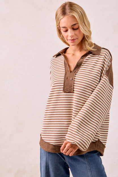 BiBi Mix n Match Slub Knit and Stripes Top in Mocha
