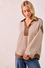 BiBi Mix n Match Slub Knit and Stripes Top in Mocha