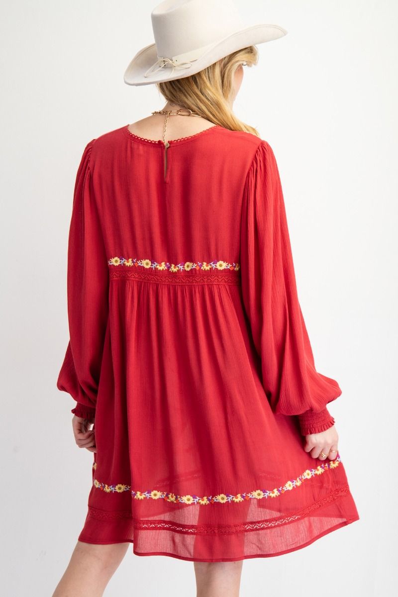 Easel Solid Color and Floral Embroidered Mini Dress in Red Dahlia