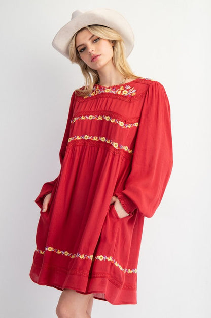 Easel Solid Color and Floral Embroidered Mini Dress in Red Dahlia