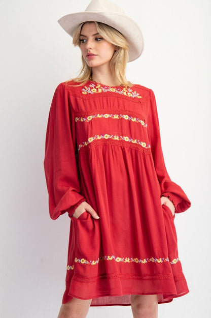Easel Solid Color and Floral Embroidered Mini Dress in Red Dahlia