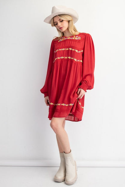 Easel Solid Color and Floral Embroidered Mini Dress in Red Dahlia