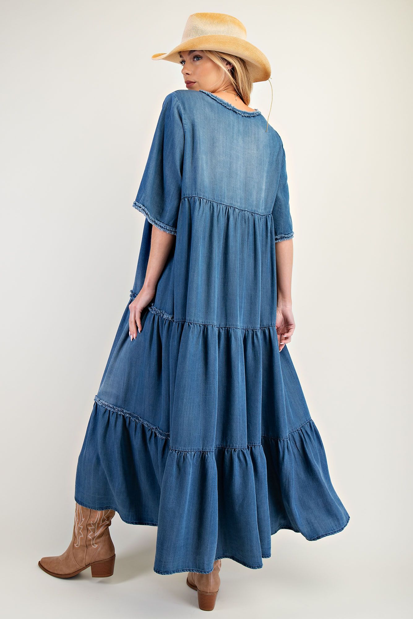 Easel Frayed Detail Denim Maxi Dress in Dark Denim ON ORDER
