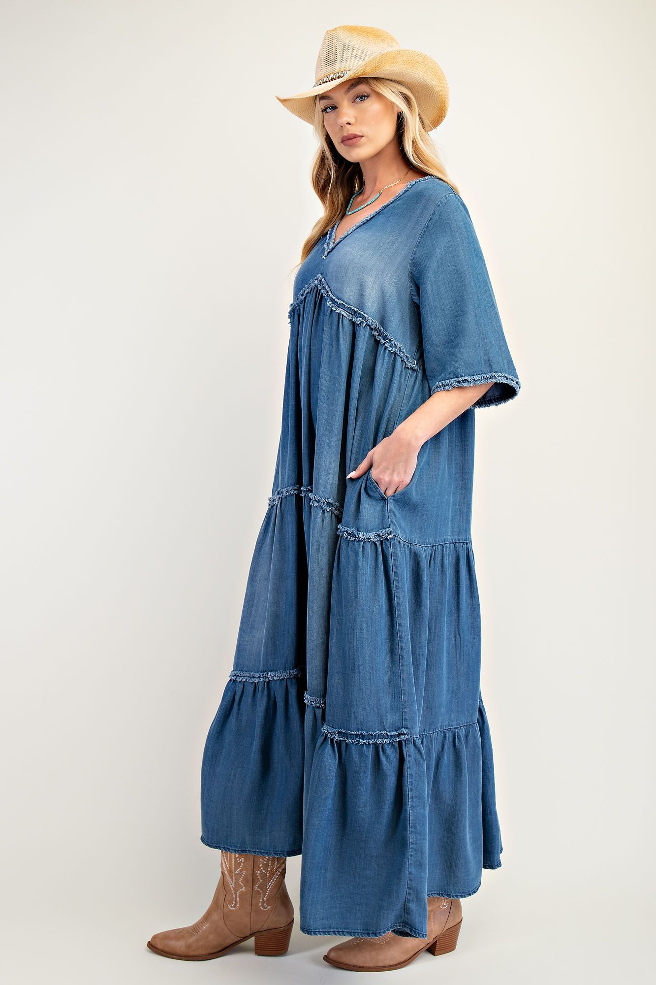 Easel Frayed Detail Denim Maxi Dress in Dark Denim ON ORDER