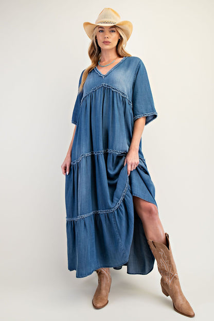 Easel Frayed Detail Denim Maxi Dress in Dark Denim ON ORDER