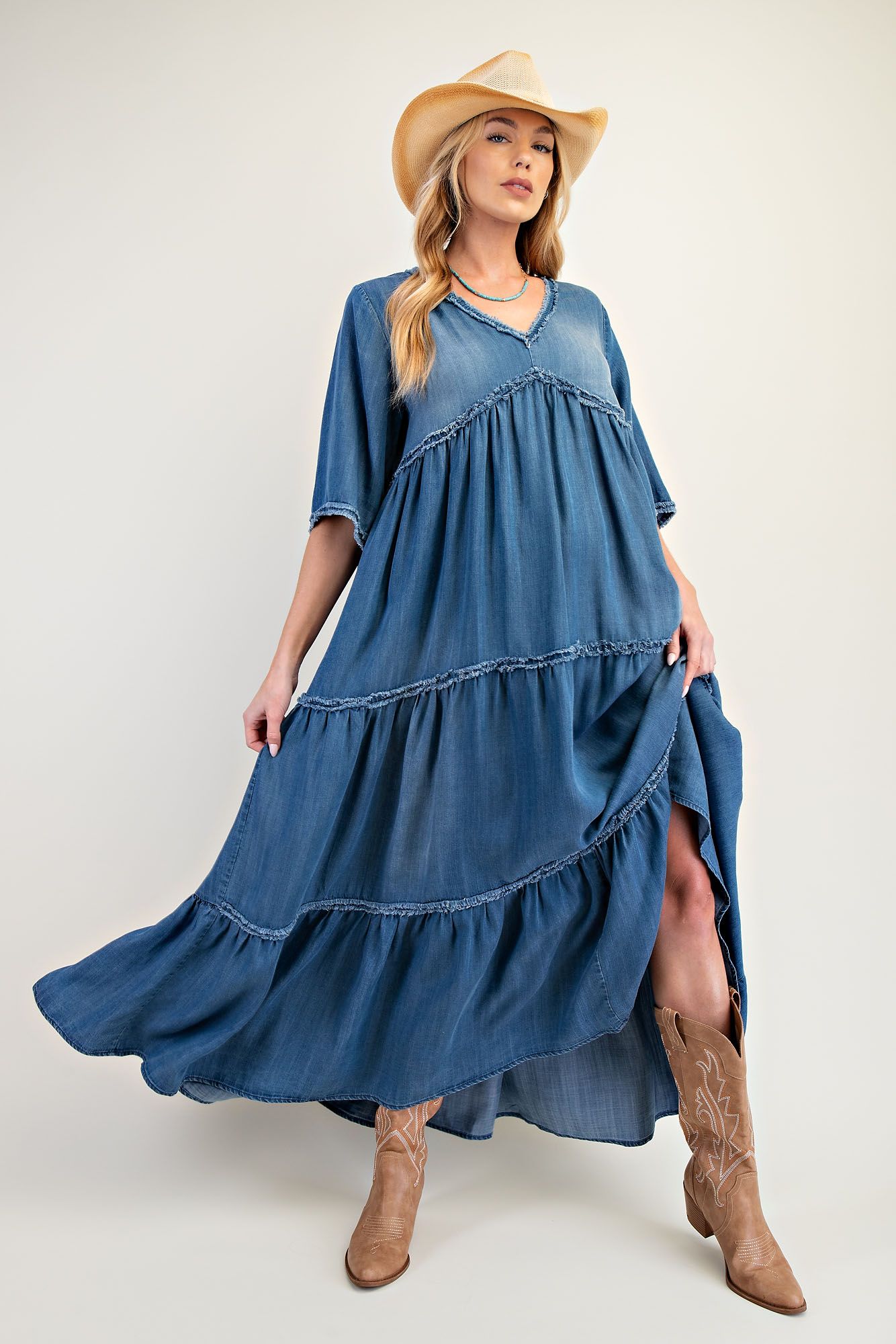Easel Frayed Detail Denim Maxi Dress in Dark Denim ON ORDER