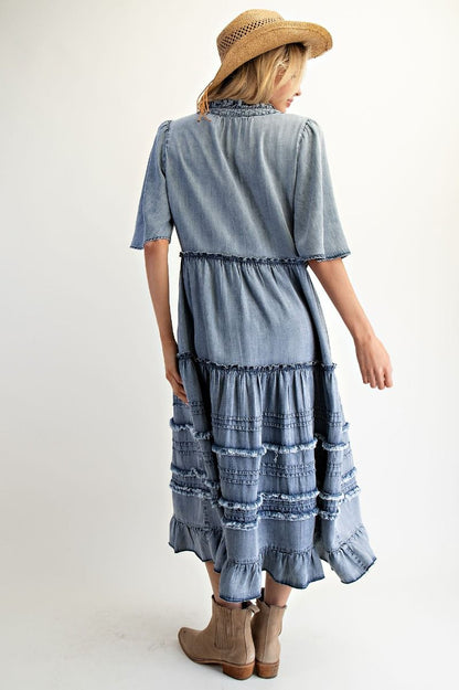 Easel OVERSIZED Frayed Detailed Maxi Dress in Washed Denim