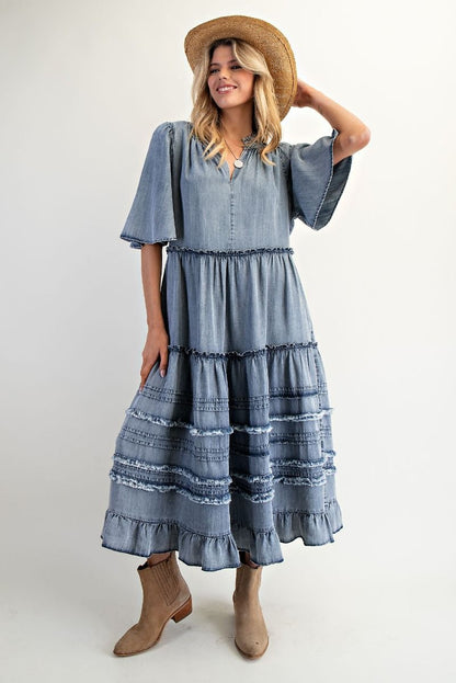 Easel OVERSIZED Frayed Detailed Maxi Dress in Washed Denim