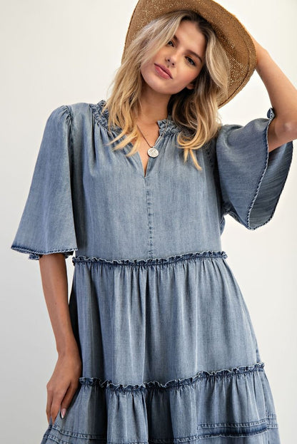 Easel OVERSIZED Frayed Detailed Maxi Dress in Washed Denim