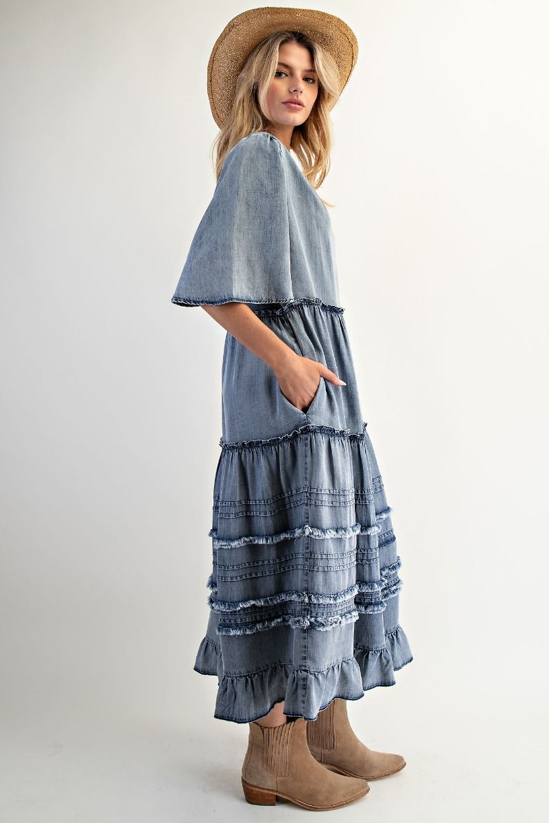 Easel OVERSIZED Frayed Detailed Maxi Dress in Washed Denim