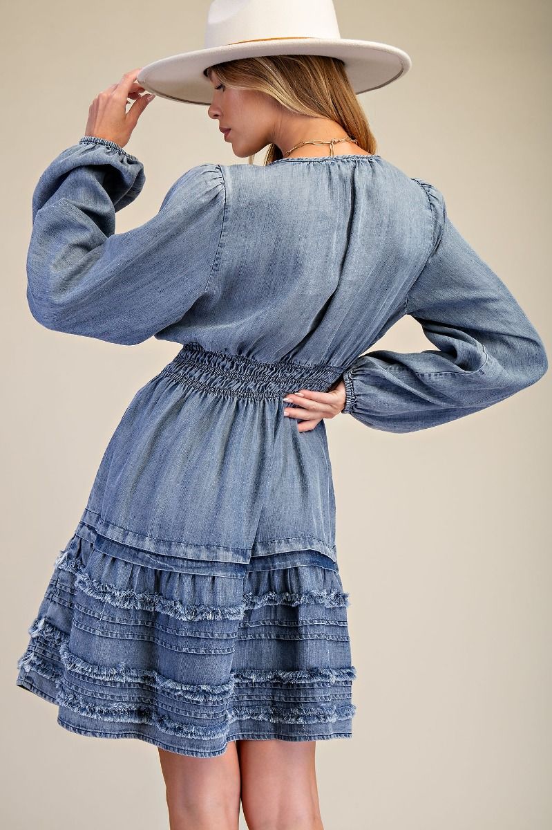 Easel Chambray Mini Dress in Washed Denim