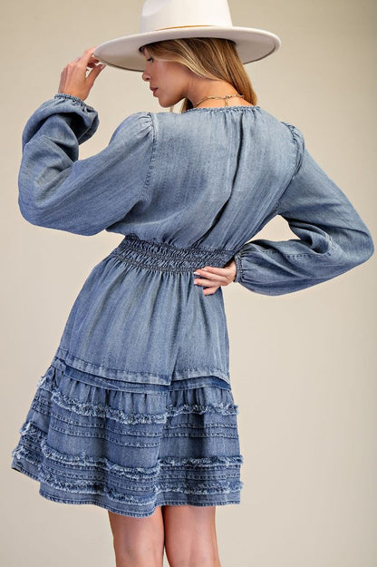 Easel Chambray Mini Dress in Washed Denim
