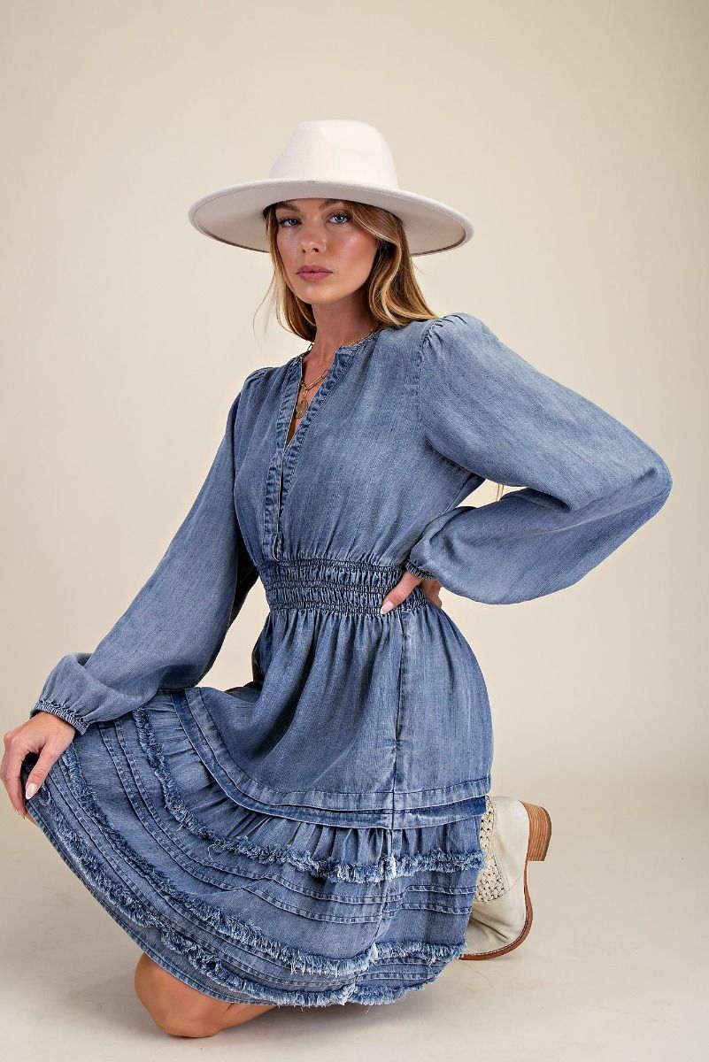 Easel Chambray Mini Dress in Washed Denim