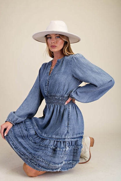 Easel Chambray Mini Dress in Washed Denim