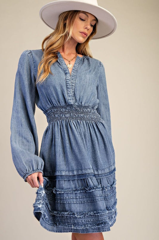 Easel Chambray Mini Dress in Washed Denim