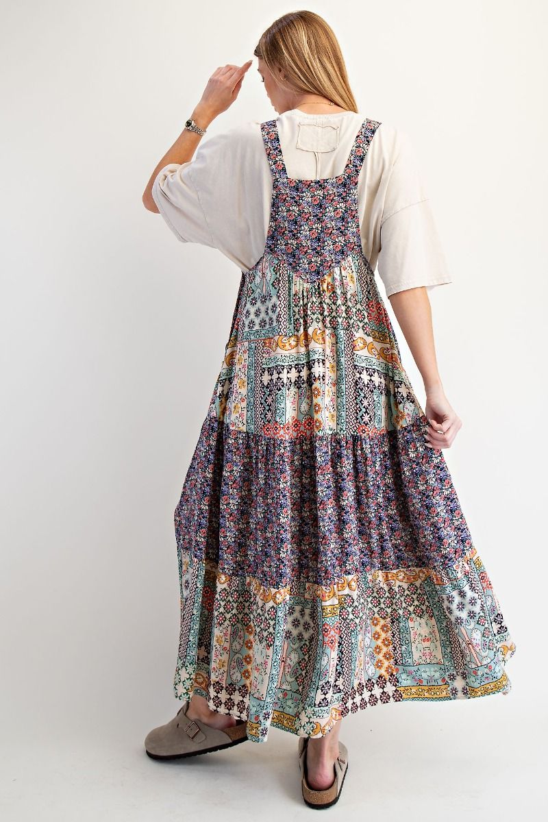 Easel Mixed Print Patchwork Overall Maxi Dress in Navy