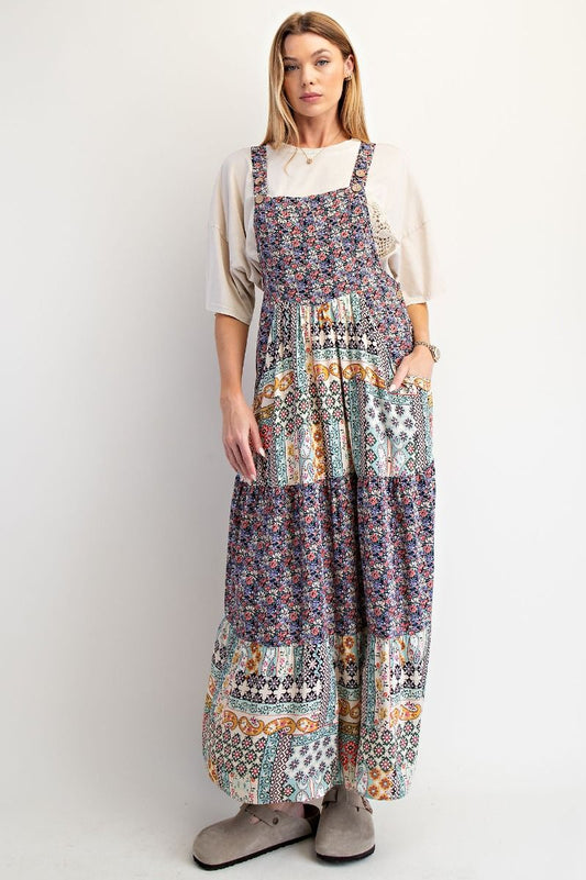 Easel Mixed Print Patchwork Overall Maxi Dress in Navy