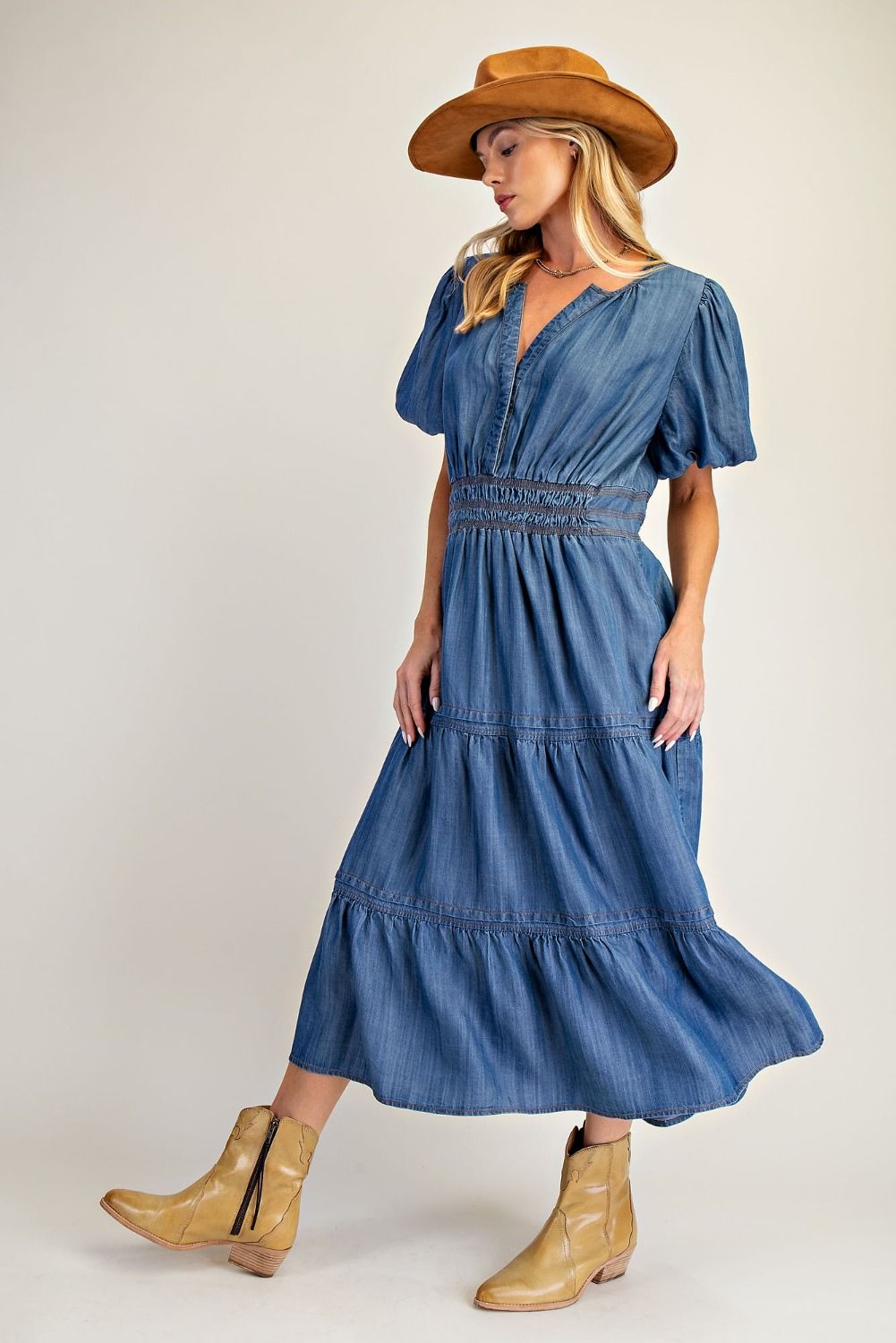 Easel Denim Maxi Dress in Washed Denim