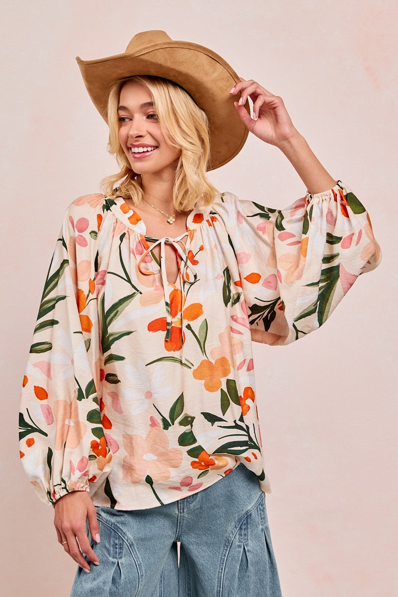 BiBi Floral Print Exaggerated Balloon Sleeve Top in Floral