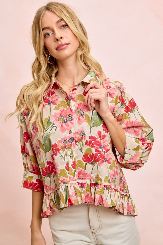 BiBi Floral Print Ruffled Hem Button-Up Quarter Sleeve Top in Floral ON ORDER