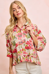 BiBi Floral Print Ruffled Hem Button-Up Quarter Sleeve Top in Floral ON ORDER