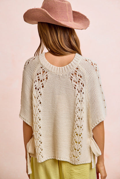 BiBi Textured Garter Knit Sweater Top with Side Ties in Ivory