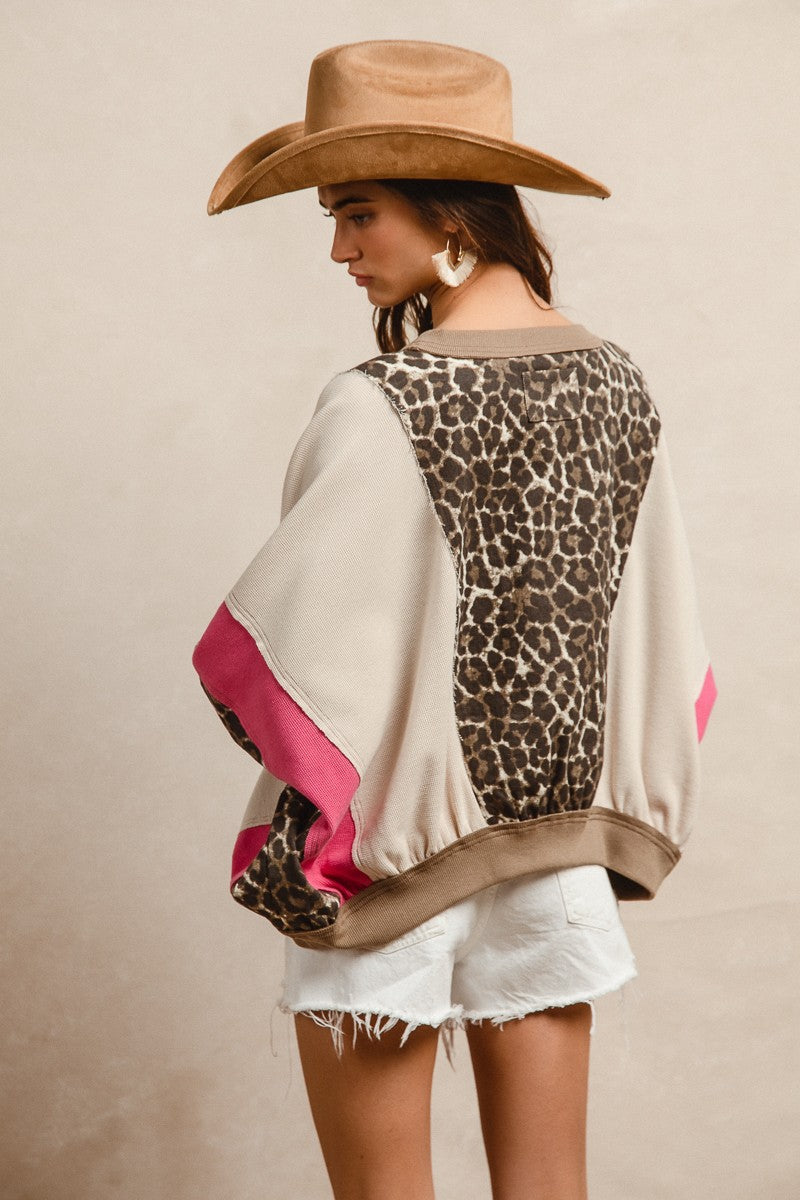 BiBi Oversized Leopard and Mixed Knit Top in Pink/Leopard