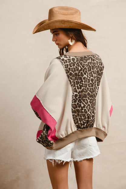 BiBi Oversized Leopard and Mixed Knit Top in Pink/Leopard