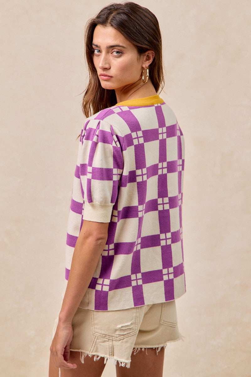 BiBi Knit Sweater Checkered Pattern Top with Football Patched Front in Purple/Gold