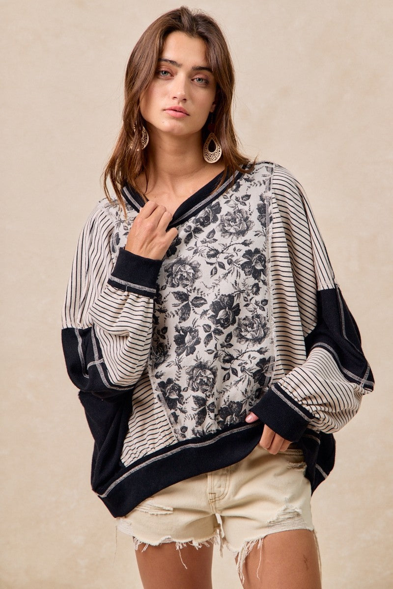 BiBi OVERSIZED Rose Twill and Stripe Mix n Match Top in Grey/Black ON ORDER