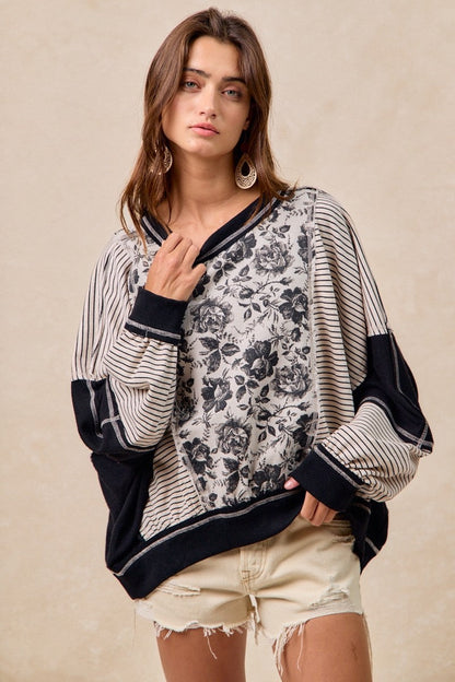BiBi OVERSIZED Rose Twill and Stripe Mix n Match Top in Grey/Black ON ORDER