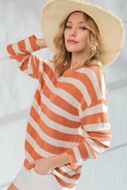 Easel Lightweight Striped Sweater in Rust