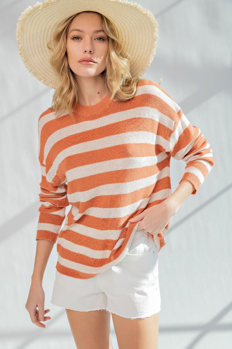 Easel Lightweight Striped Sweater in Rust
