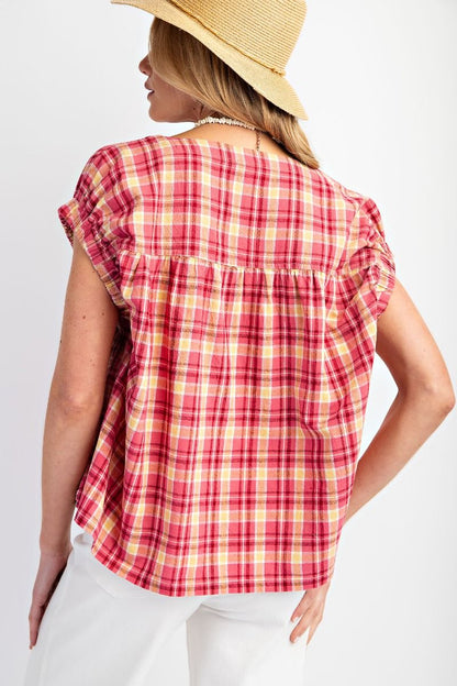 Easel Plaid Pattern Top in Hot Pink