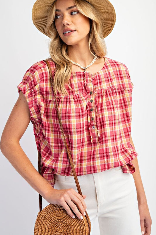 Easel Plaid Pattern Top in Hot Pink