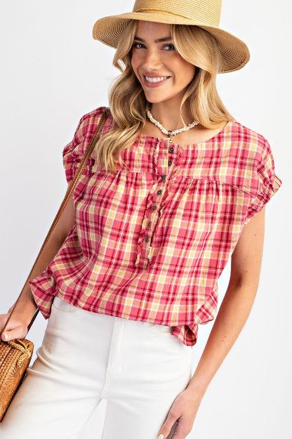 Easel Plaid Pattern Top in Hot Pink