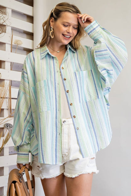 Easel Striped Button Down Shirt in Aqua Blue