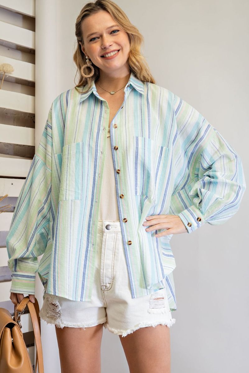 Easel Striped Button Down Shirt in Aqua Blue