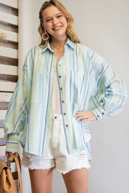 Easel Striped Button Down Shirt in Aqua Blue