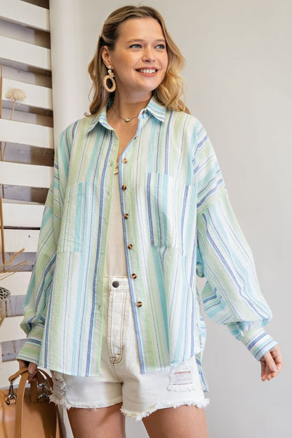 Easel Striped Button Down Shirt in Aqua Blue