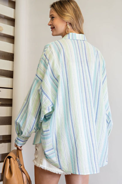 Easel Striped Button Down Shirt in Aqua Blue