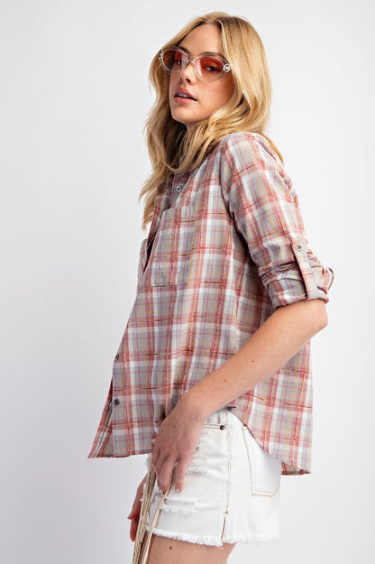 Easel Plaid Button Down Top in Coral Grey
