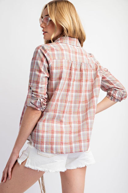 Easel Plaid Button Down Top in Coral Grey
