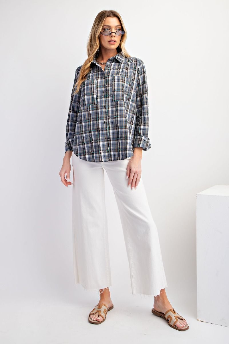 Easel Plaid Button Down Top in Denim