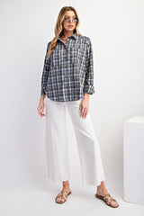 Easel Plaid Button Down Top in Denim