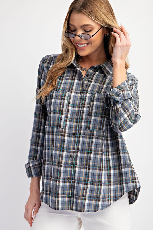 Easel Plaid Button Down Top in Denim